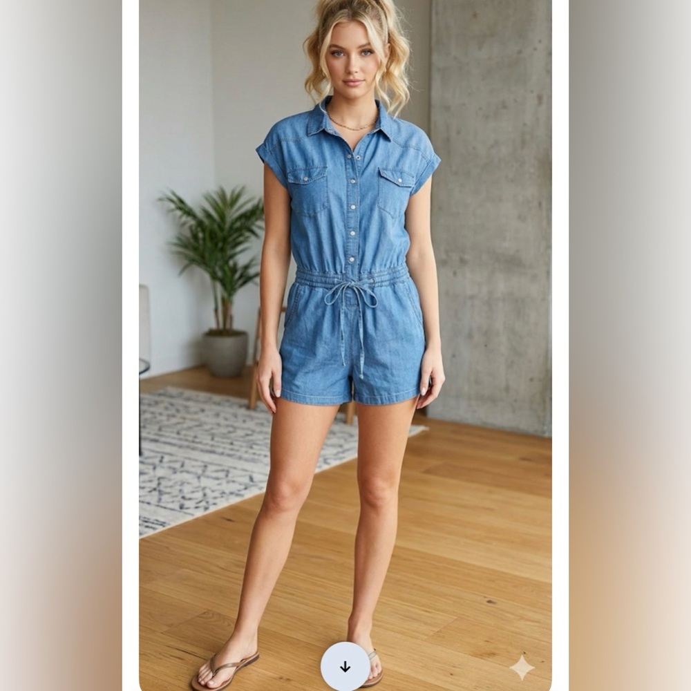 Seduction Denim Button-Front Romper with Waist Tie